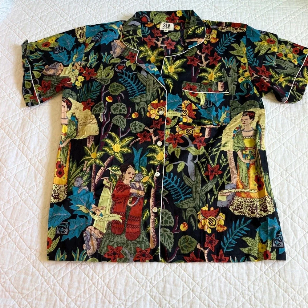 SLV Sur La Vague Frida Kahlo Tropical Jungle Cotton Pajama Set M/L Black Multi‎